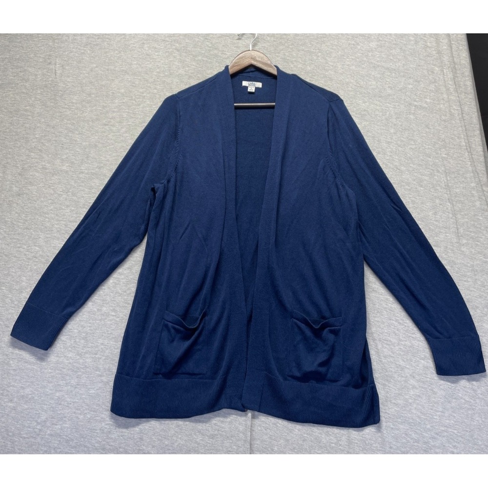 Croft & Barrow Cardigan Sweater Women 1X Navy Blue Cotton Ribbed Trim Open Front